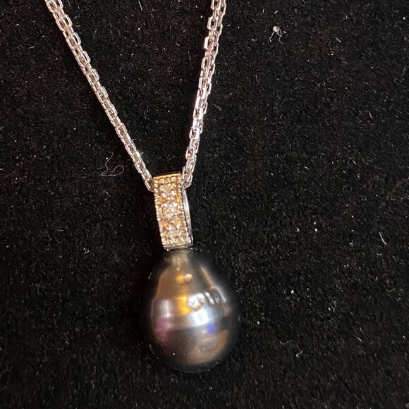 18-inch sterling silver 925 necklace 3 delicate chains black pearl pendant 3 dia - Picture 1 of 6